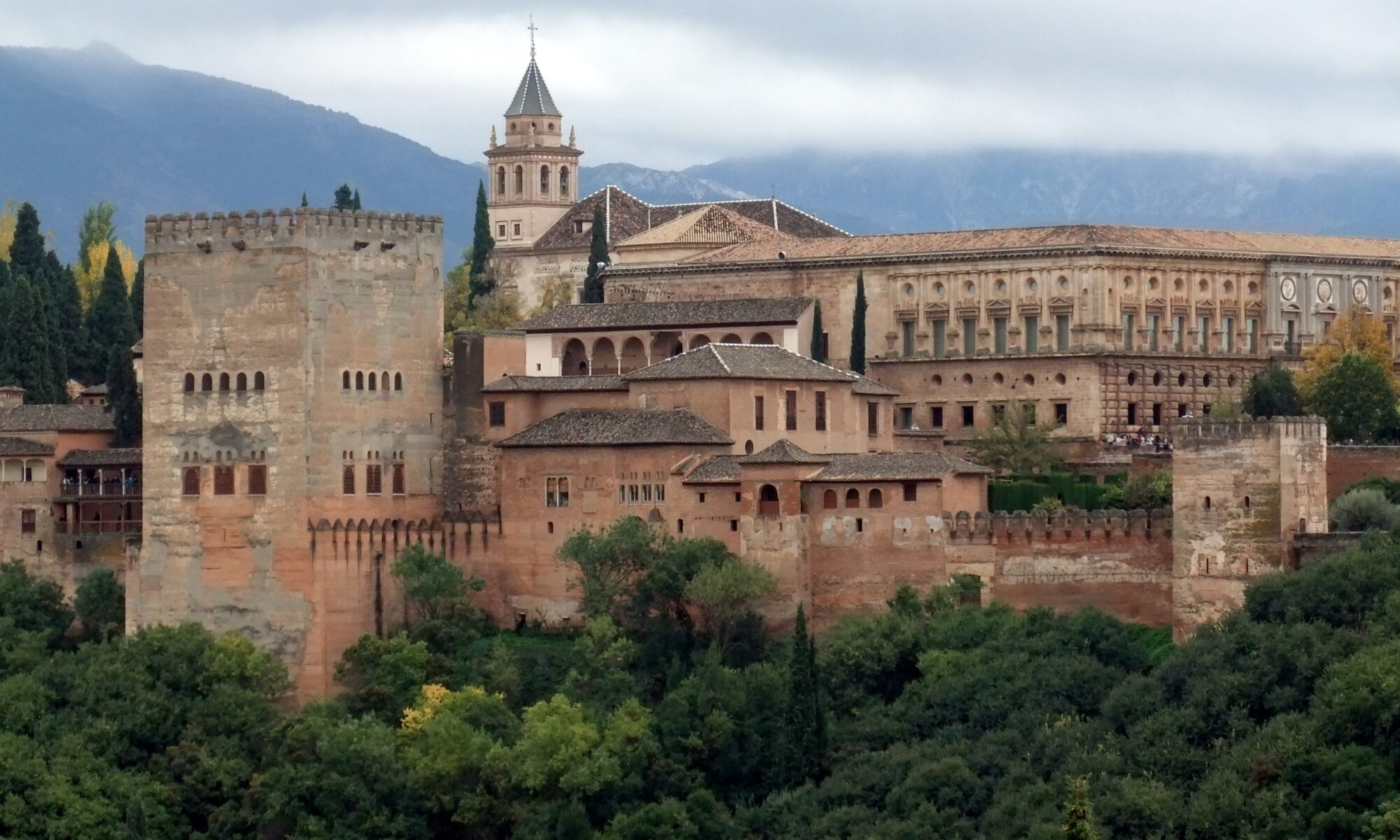 Panoramic view of the Alhambra palace complex above Granada Spain