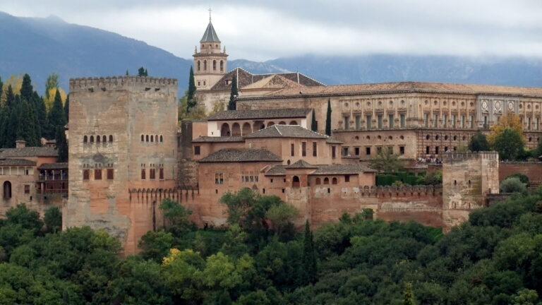 Panoramic view of the Alhambra palace complex above Granada Spain