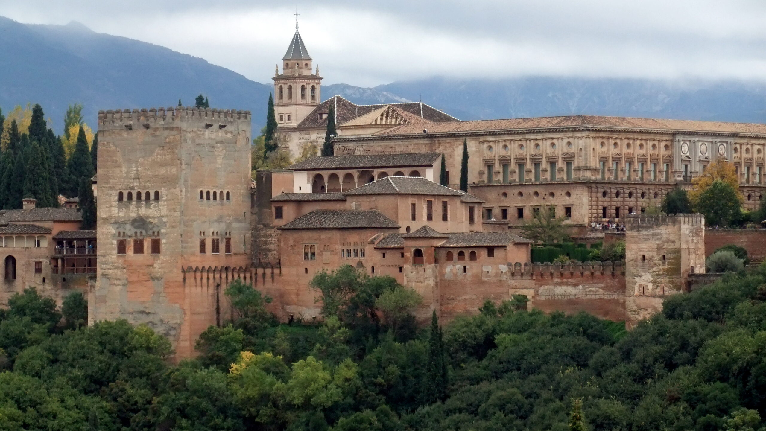 Panoramic view of the Alhambra palace complex above Granada Spain