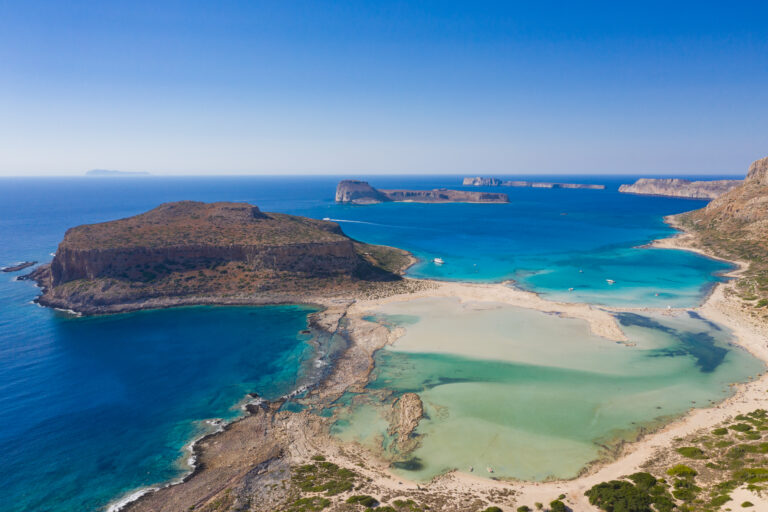 Aerial view of Balos Beach and its turquoise lagoon on the northwest coast of Crete, Greece
