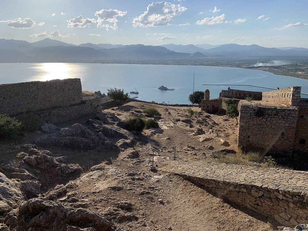 Palamidi fortress walls and view over Nafplio bay, Greece