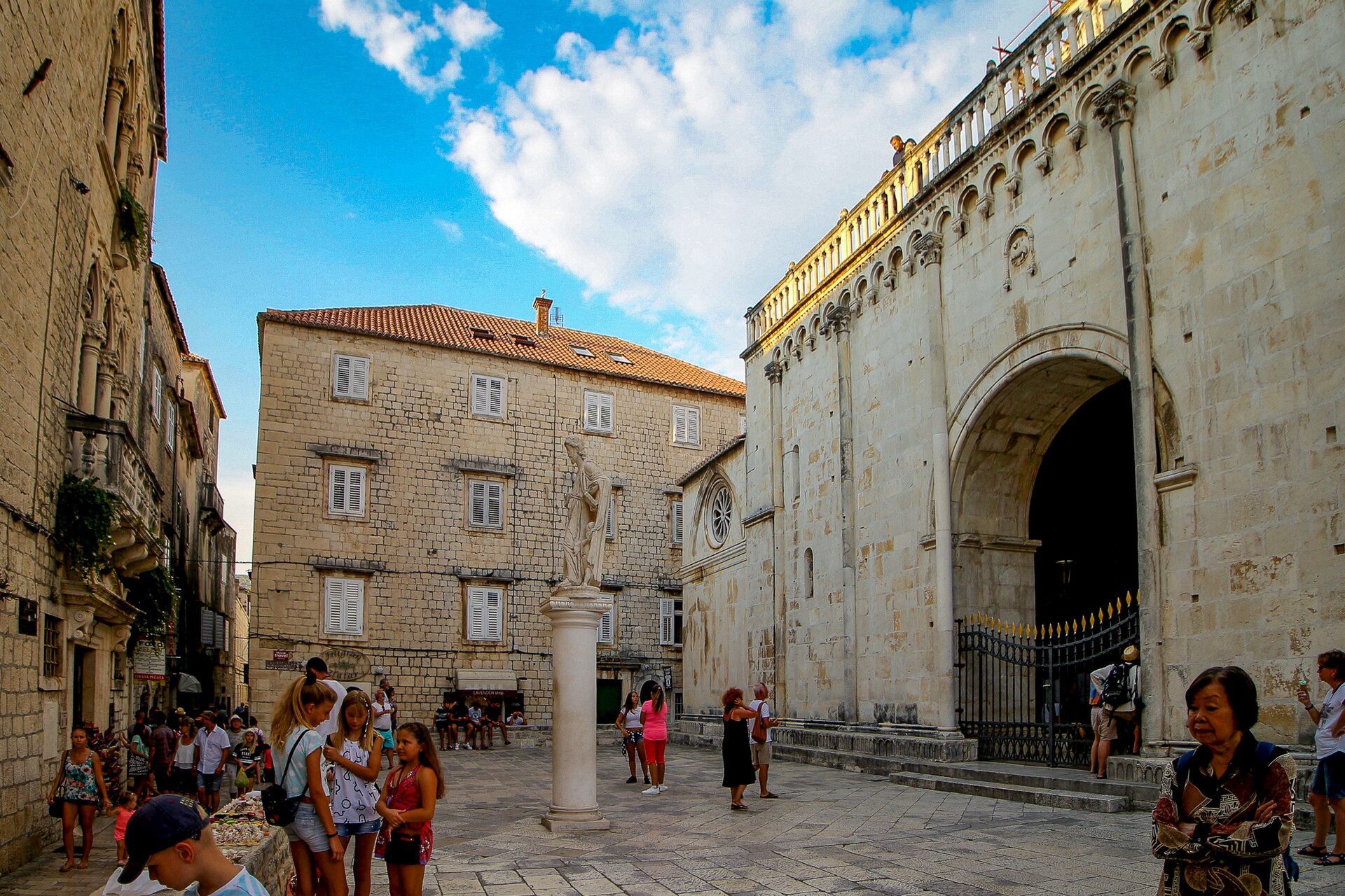 The Cathedral of St Lawrence and the main square in Trogir, Croatia, with its Romanesque carved portal