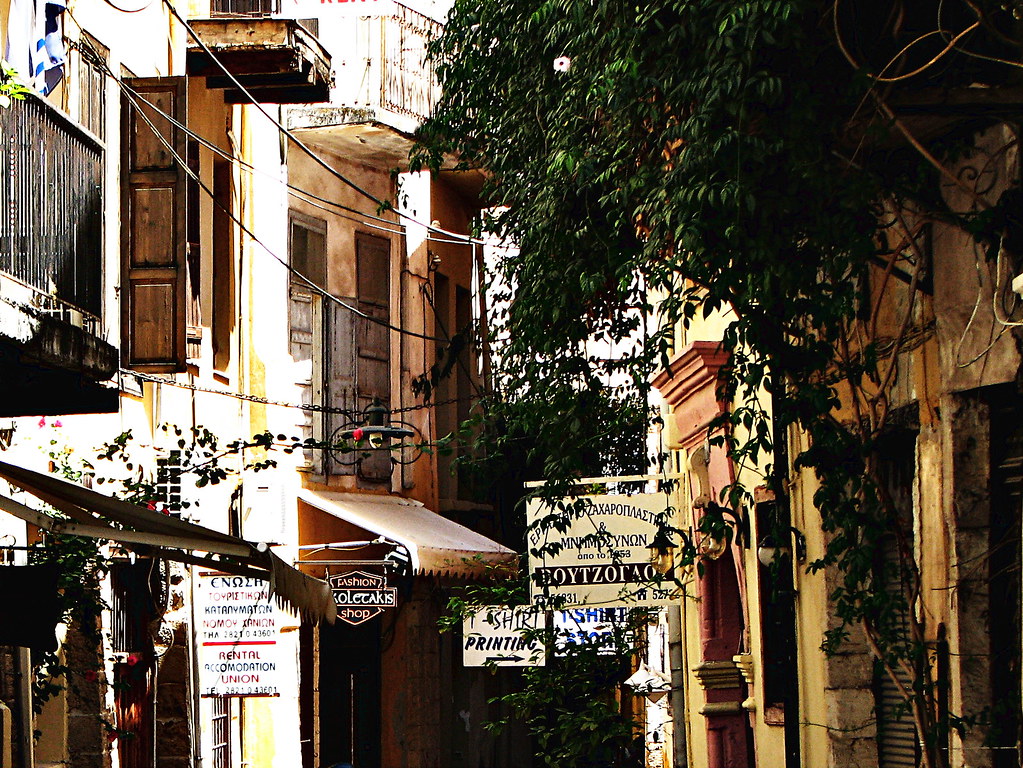 Waterfront buildings along the Venetian harbour in Chania, Crete