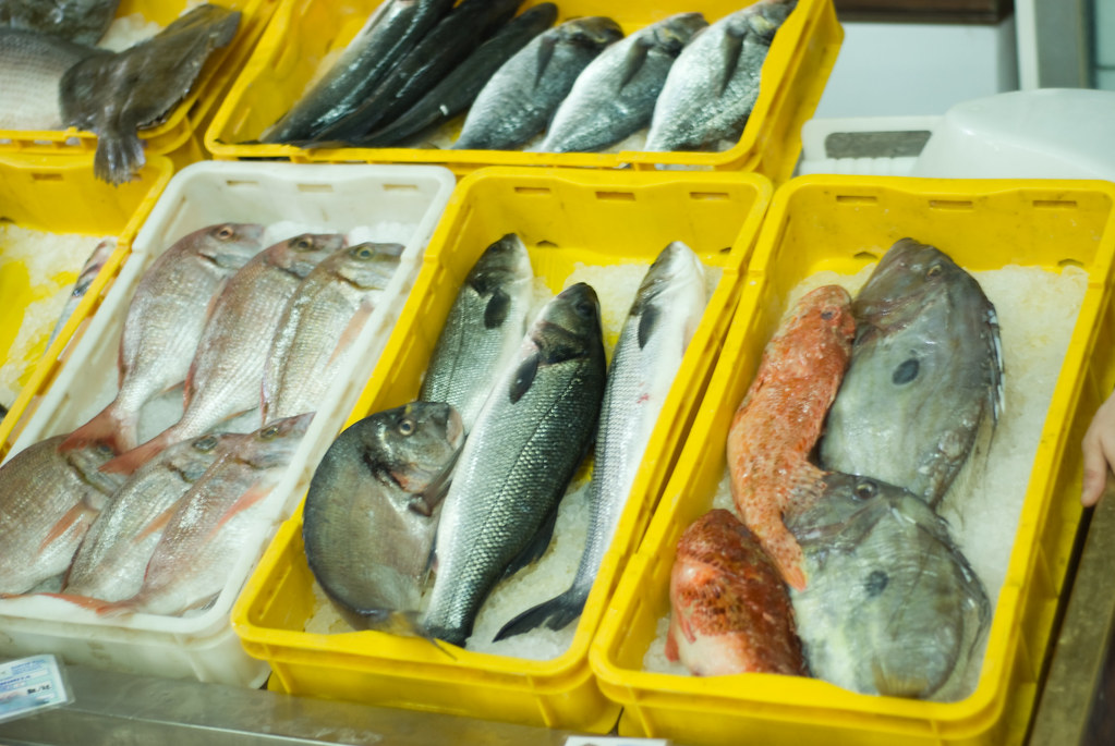 Fresh fish on display at the covered fish market in Trogir, Croatia