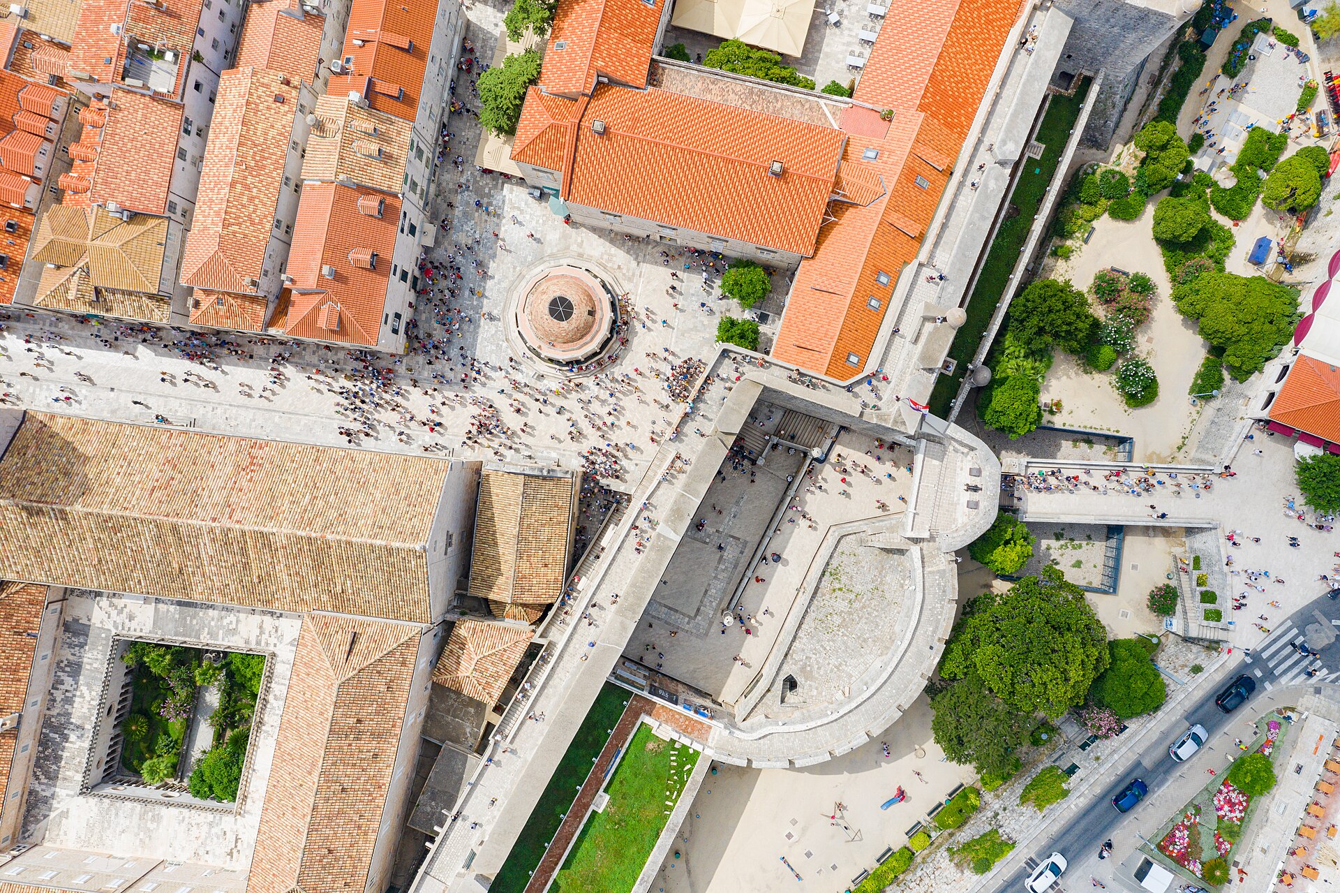 Aerial view of the Pile Gate and the walled Old Town of Dubrovnik, Croatia, above the Adriatic