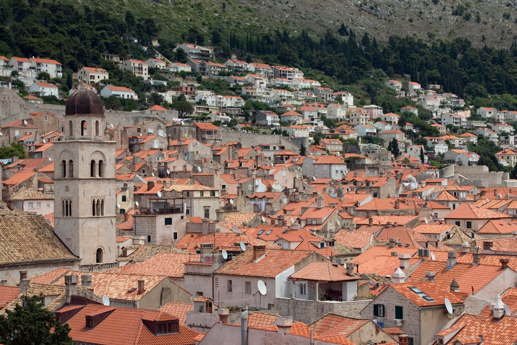 Panoramic view from Dubrovnik's medieval city walls over the Adriatic Sea, Croatia