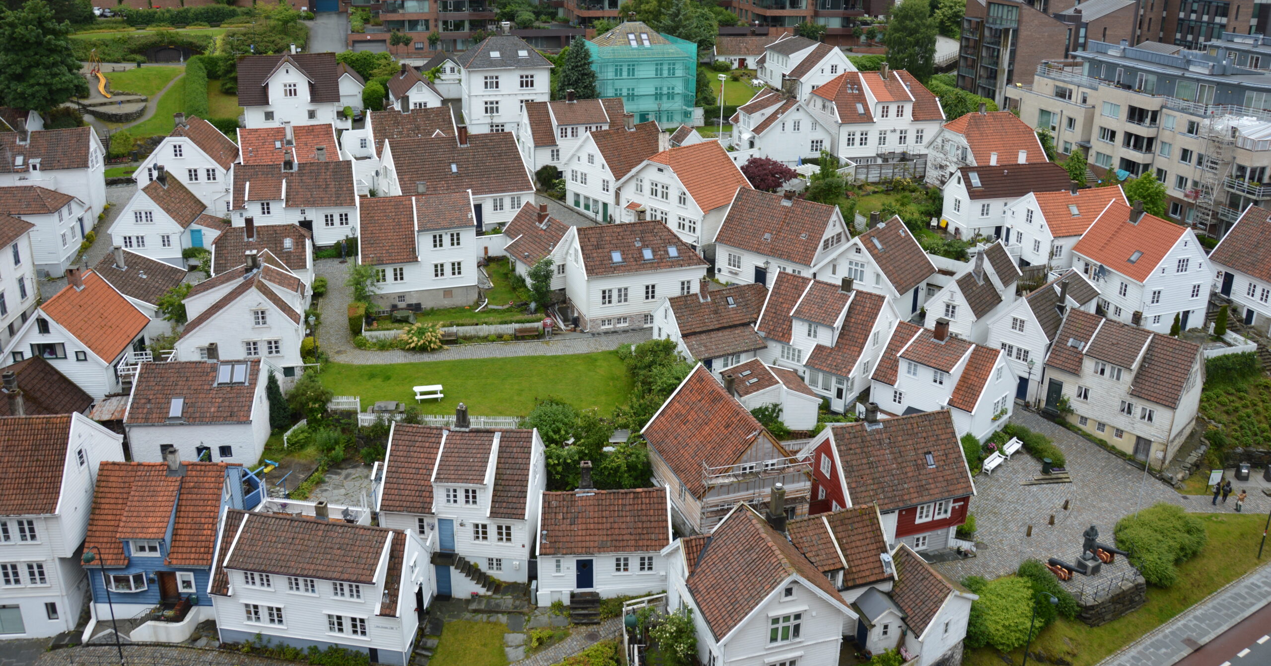 Cobbled lane of white wooden houses in Gamle Stavanger, Norway's historic old town