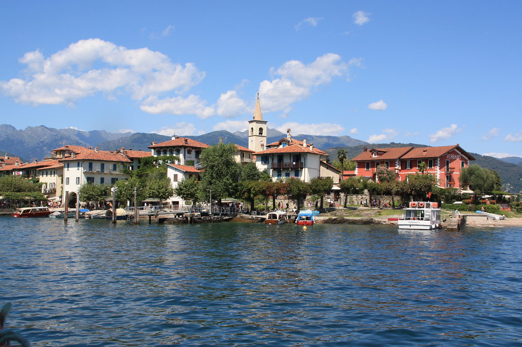 Boat view of Isola dei Pescatori the fishermens island on Lake Maggiore Italy
