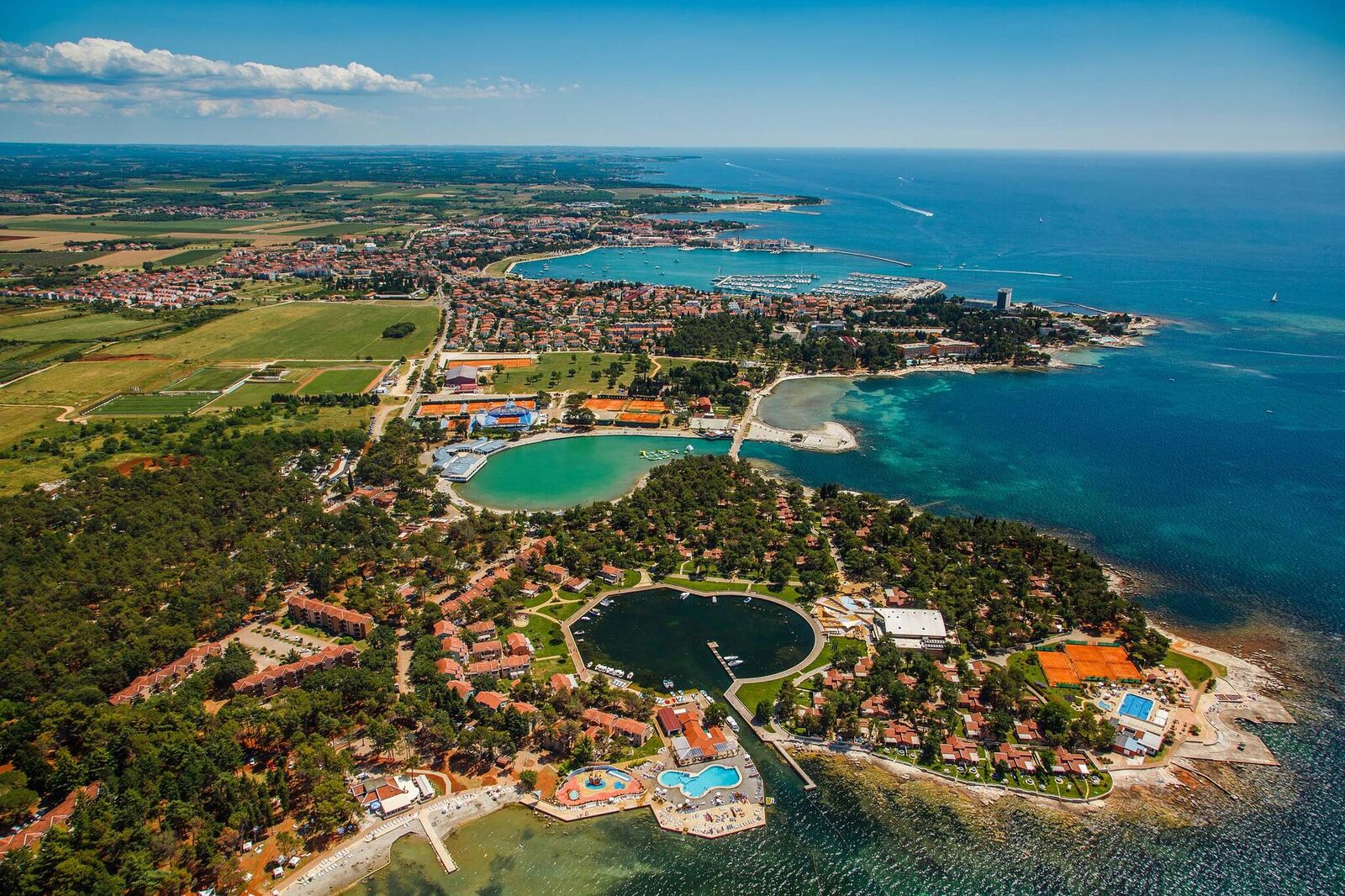 Aerial view of the Istrian coastline with pine forest and clear turquoise water