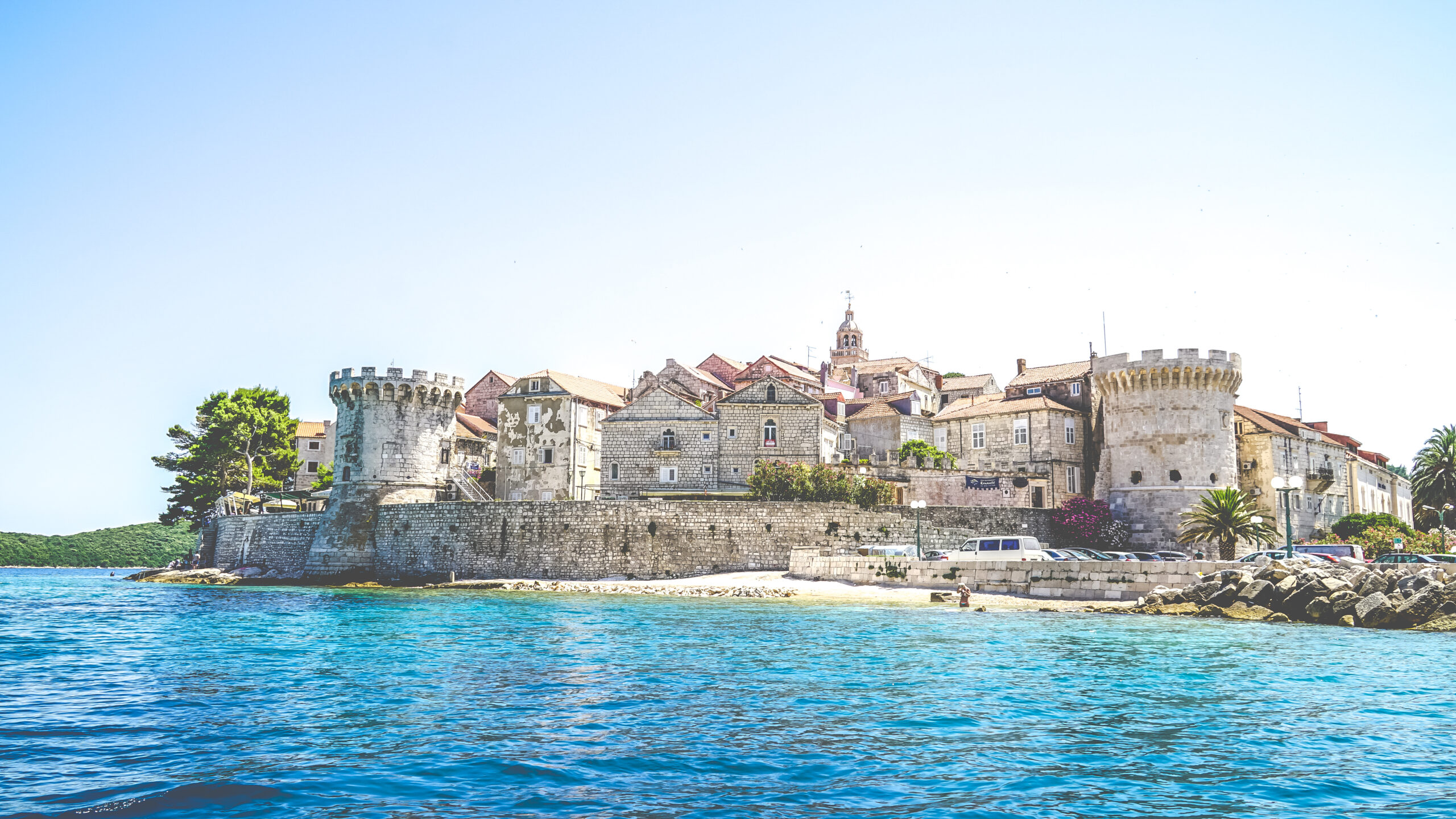 Aerial view of the walled old town of Korcula on its peninsula in the Adriatic Sea