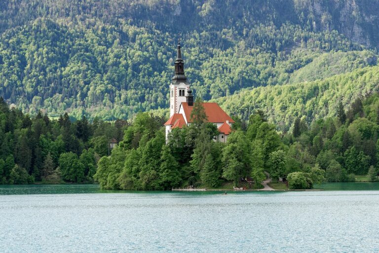 Bled Island and its church on Lake Bled with the Julian Alps behind
