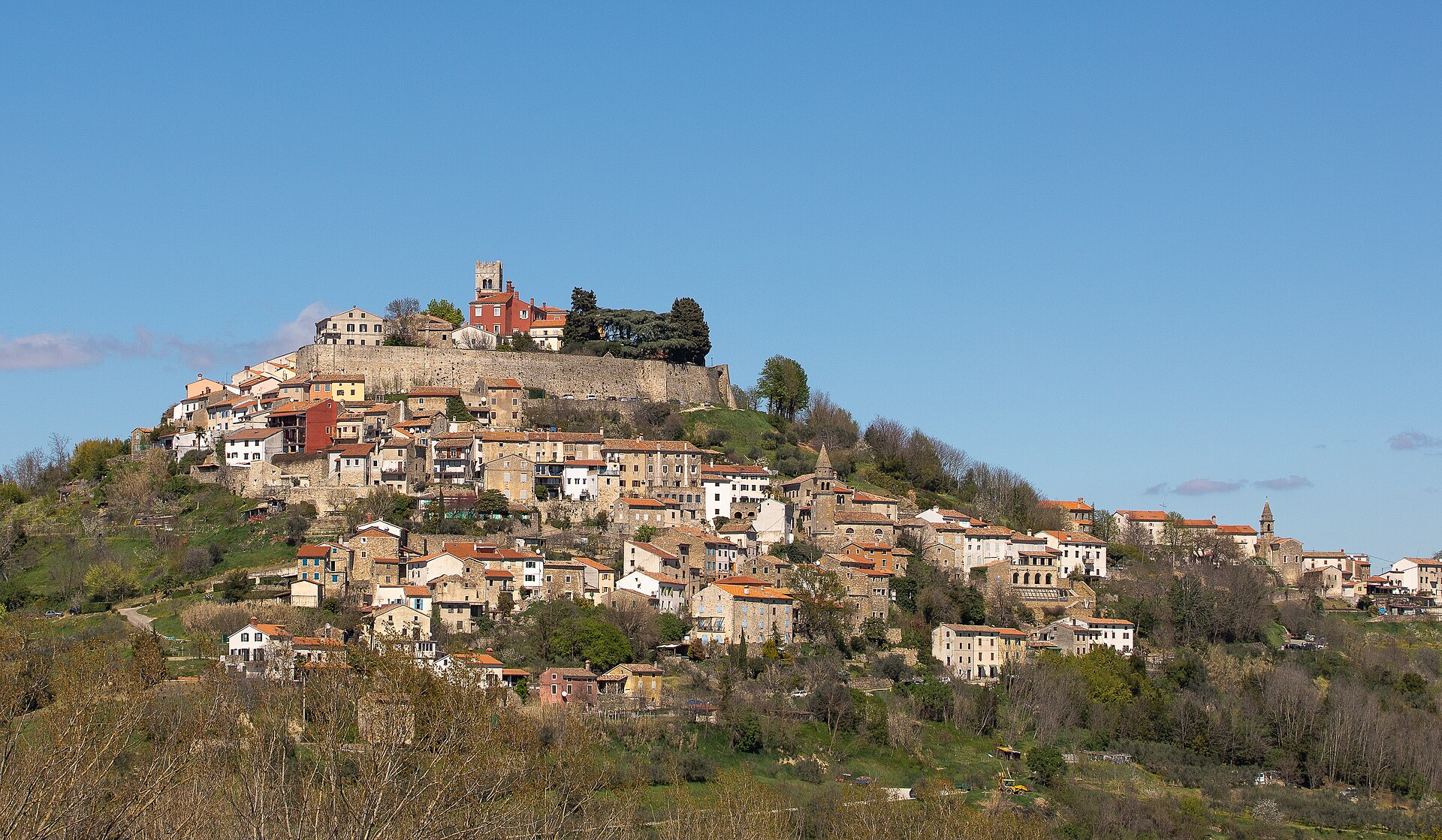 The walled hilltop town of Motovun above the Mirna valley in Istria, Croatia