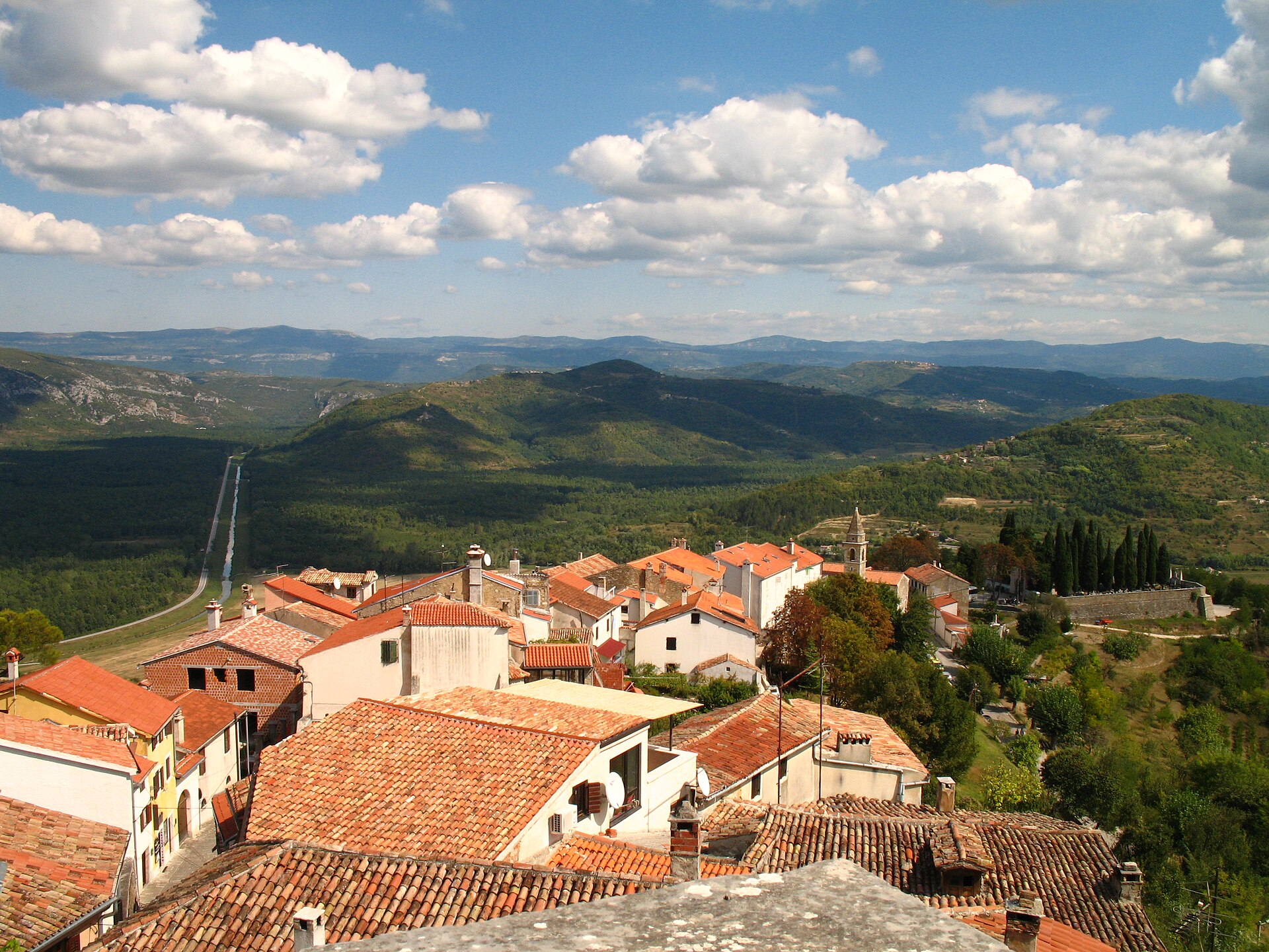 The hilltop town of Motovun rising above the Mirna valley in Istria, Croatia, truffle country