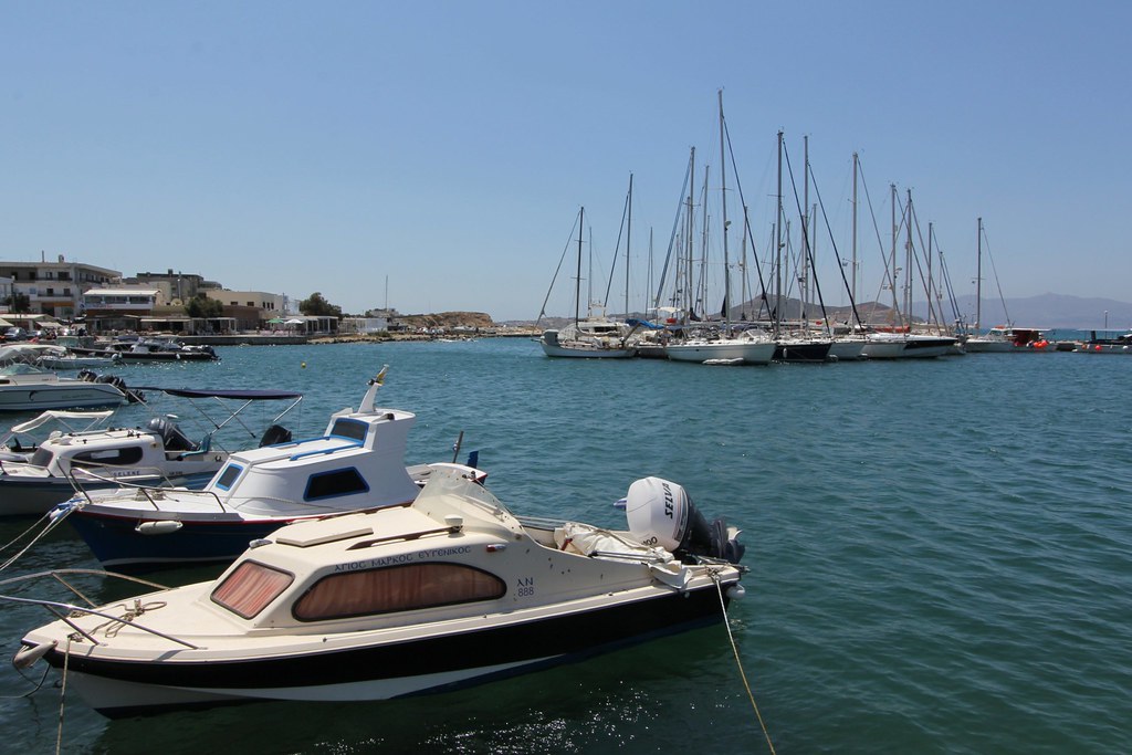 Fishing boats and yachts moored in the harbour at Naxos Town, Greece