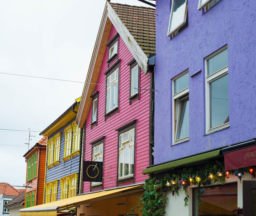 Brightly painted houses along Ovre Holmegate, Stavanger's famous colorful street