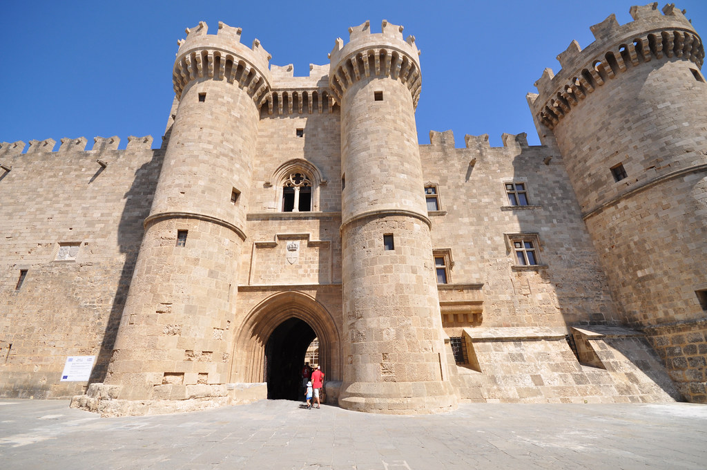 Stone towers and gateway of the Palace of the Grand Master in Rhodes Old Town