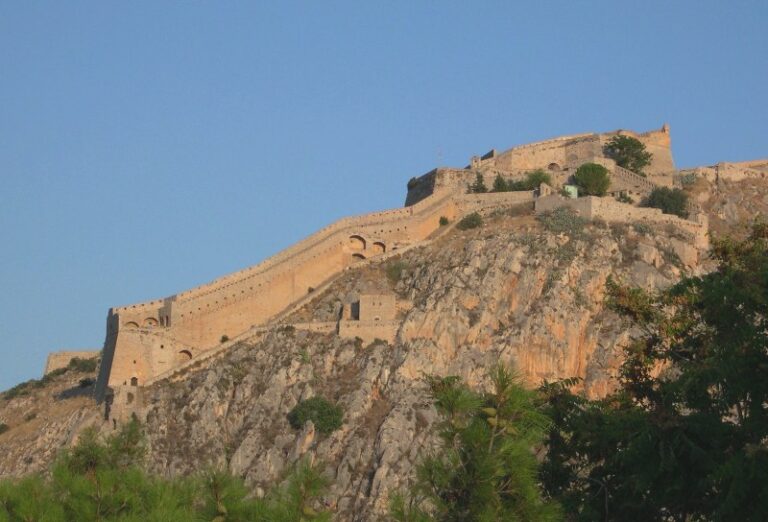 Palamidi fortress rising above Nafplio old town, Greece