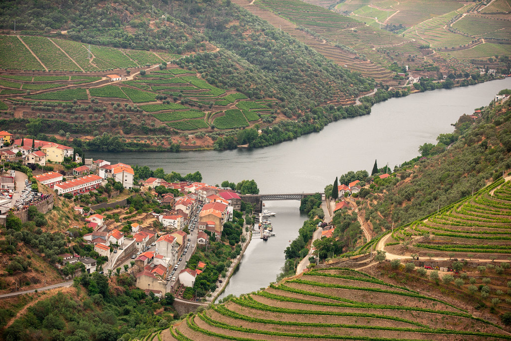 The riverside town of Pinhao seen from the vineyard terraces above the Douro