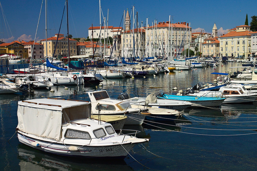 Boats in Piran harbor with the old town rising behind on the Slovenian coast