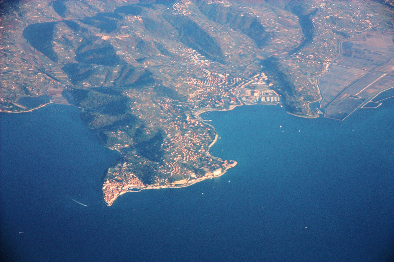 Aerial view of Piran's terracotta rooftops and narrow peninsula on Slovenia's Adriatic coast