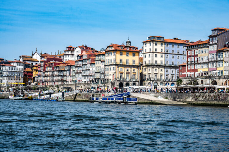 Colorful buildings lining the Douro riverfront in Porto, Portugal