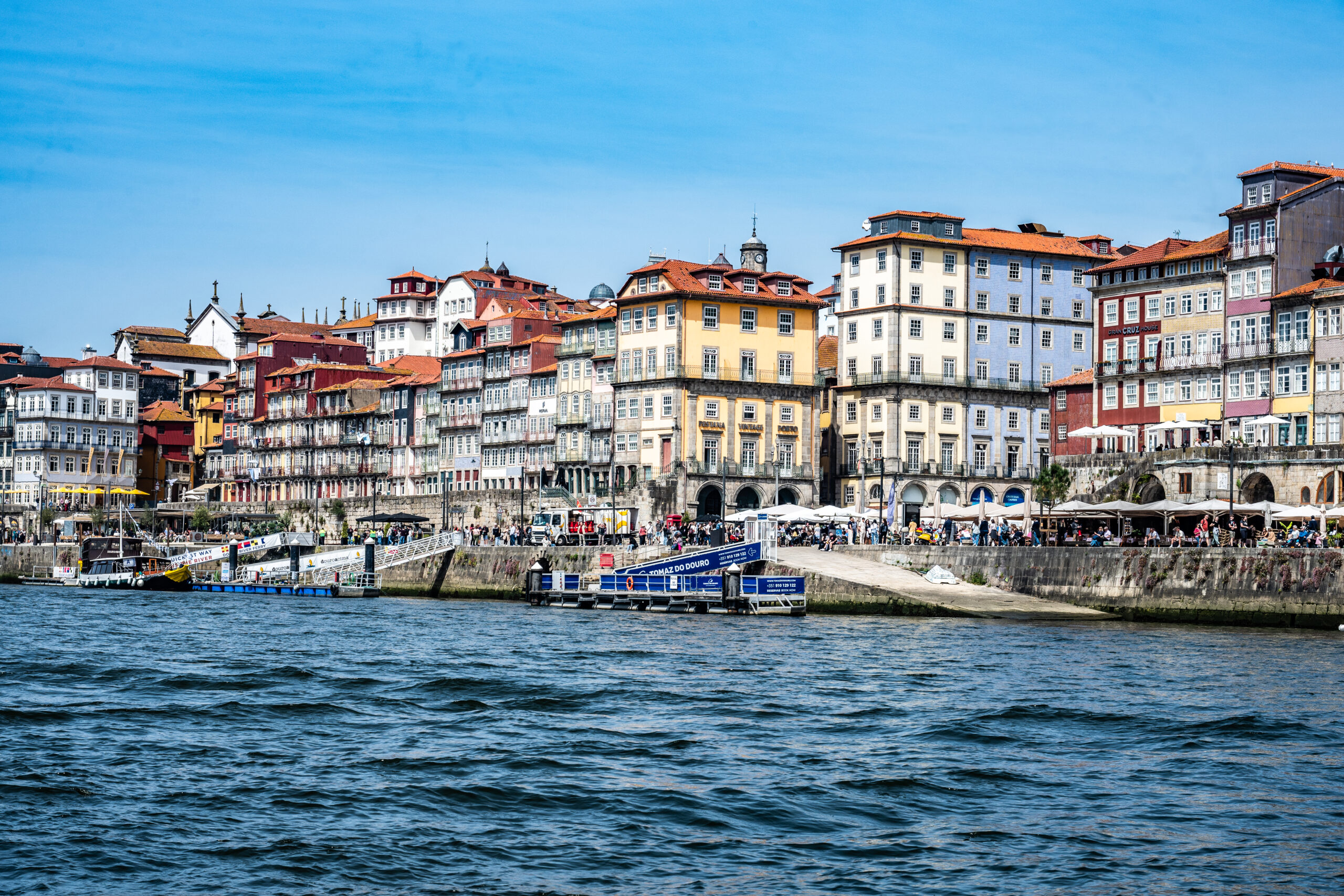 Colorful buildings lining the Douro riverfront in Porto, Portugal