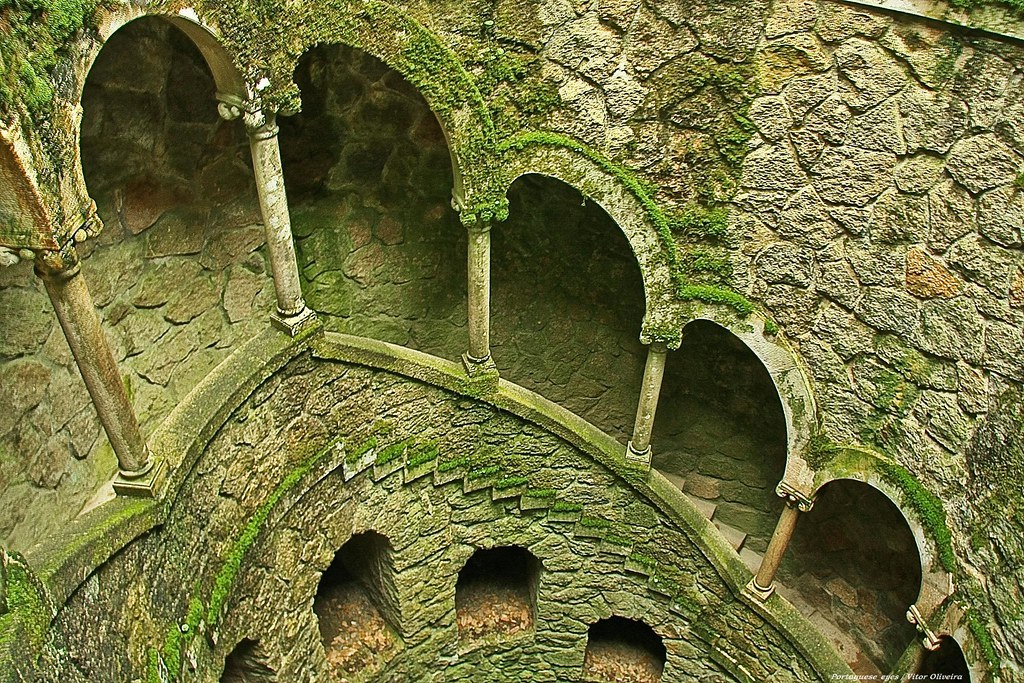 Spiral staircase descending the Initiation Well at Quinta da Regaleira in Sintra