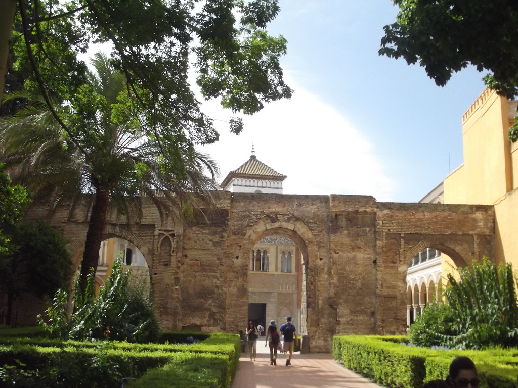 Triple arches of the Lion Courtyard inside the Real Alcazar in Seville