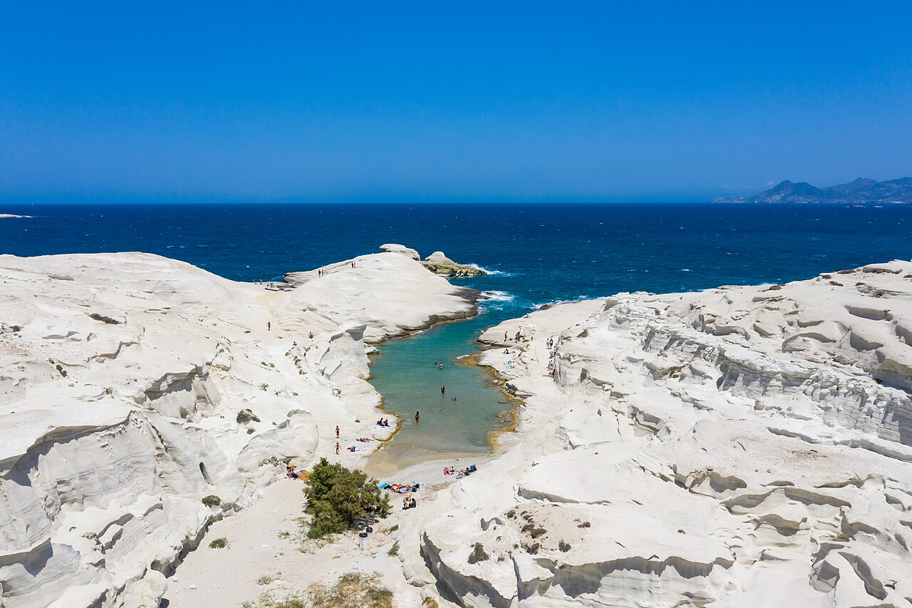 Sarakiniko beach on Milos Island, Greece, with white volcanic rock formations and turquoise water