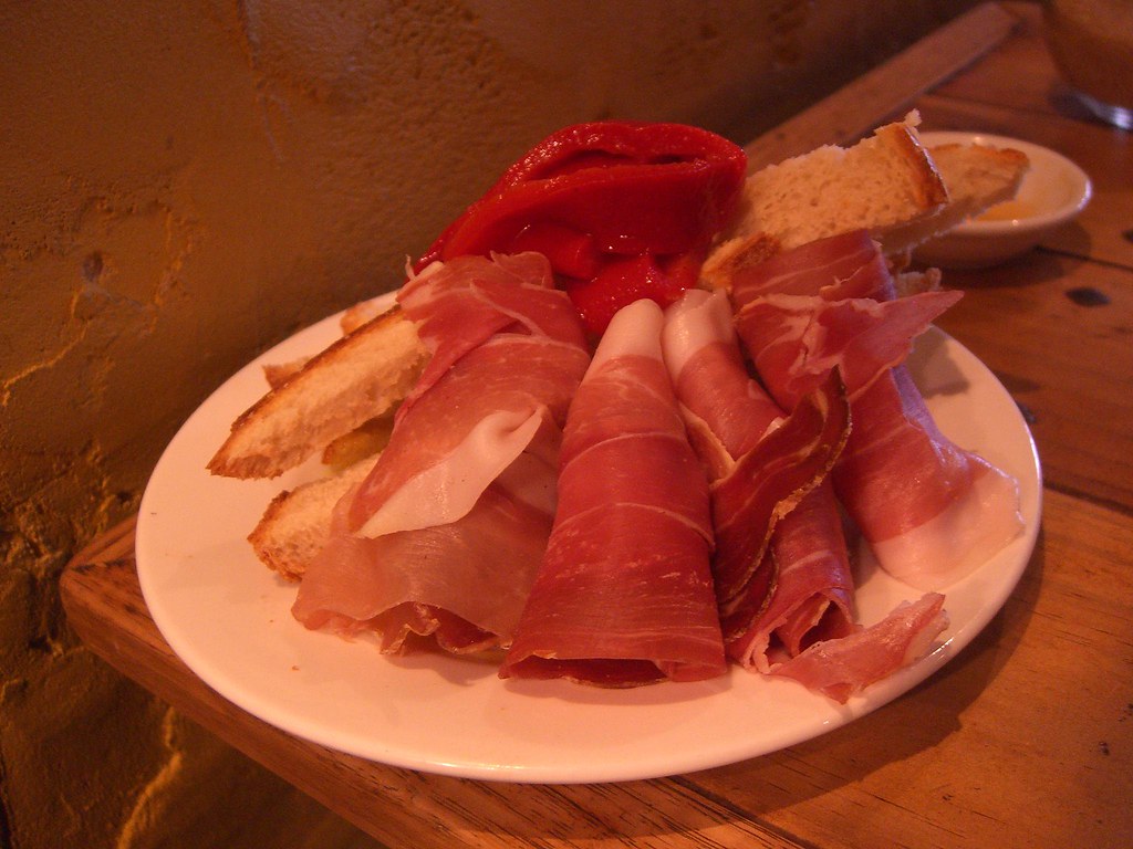 Jamon and drinks served at a Spanish tapas bar