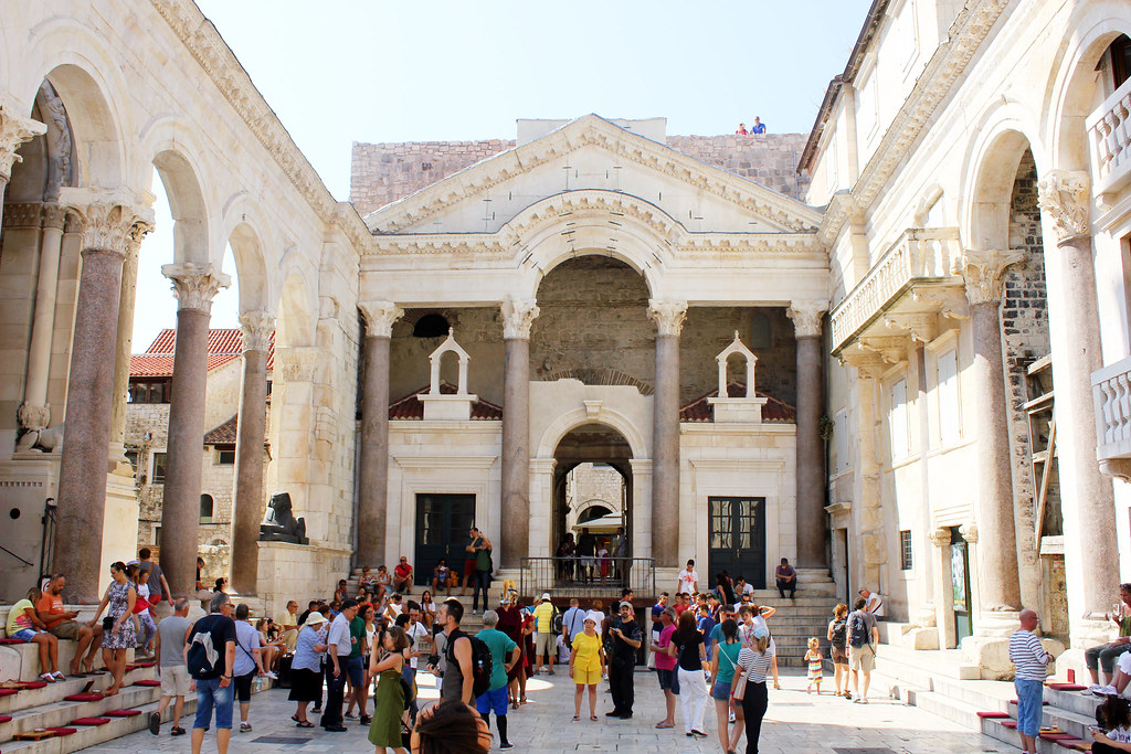 The Peristyle central square of Diocletian's Palace in Split, Croatia, surrounded by ancient Roman columns