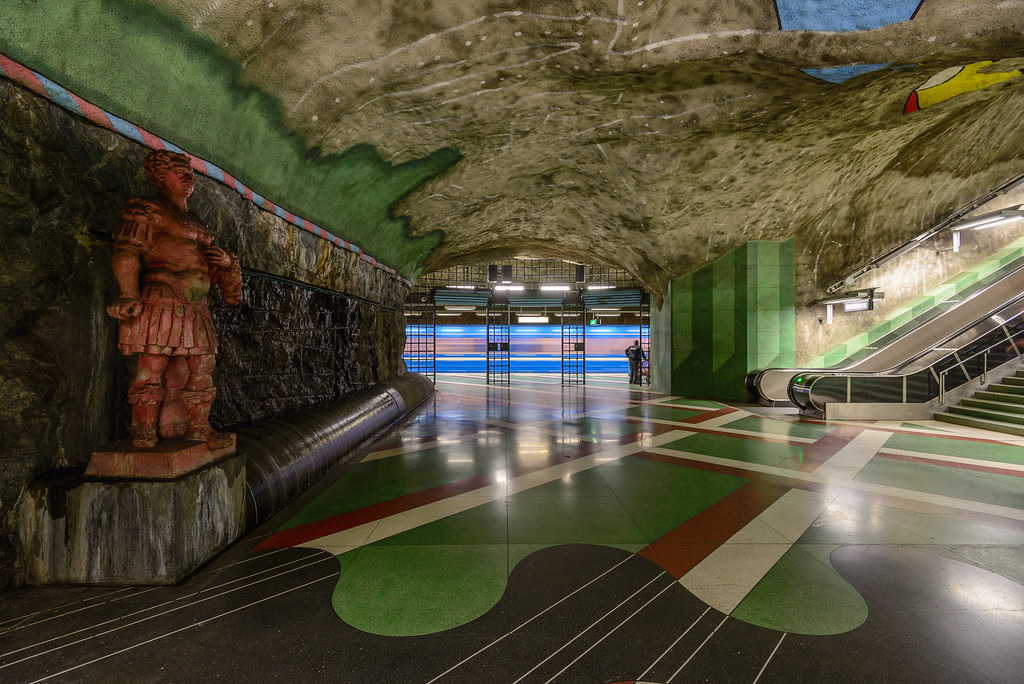 Colorful painted cavern of Kungstradgarden metro station in Stockholm