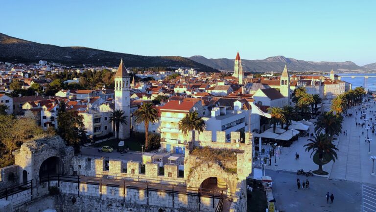 Panoramic view of the historic stone old town of Trogir, Croatia, on its island between the mainland and Ciovo
