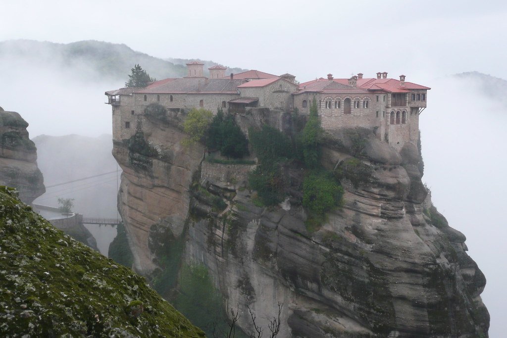 Varlaam Monastery perched on a sheer rock pillar at Meteora in Greece
