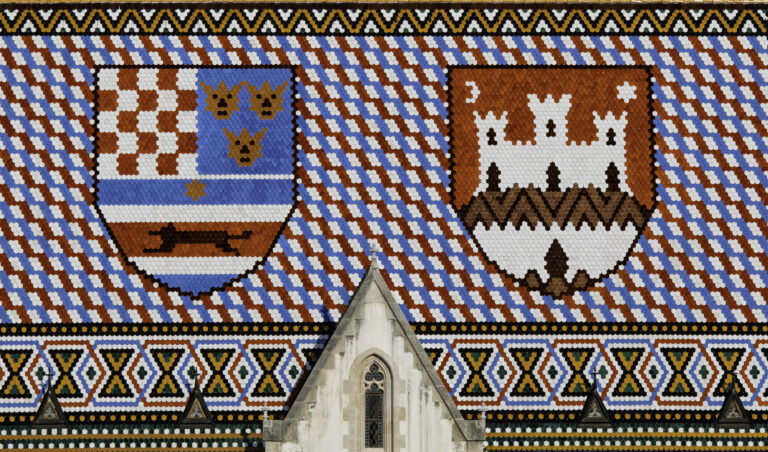The colourful tiled coat-of-arms roof of St. Marks Church in the Upper Town of Zagreb, Croatia