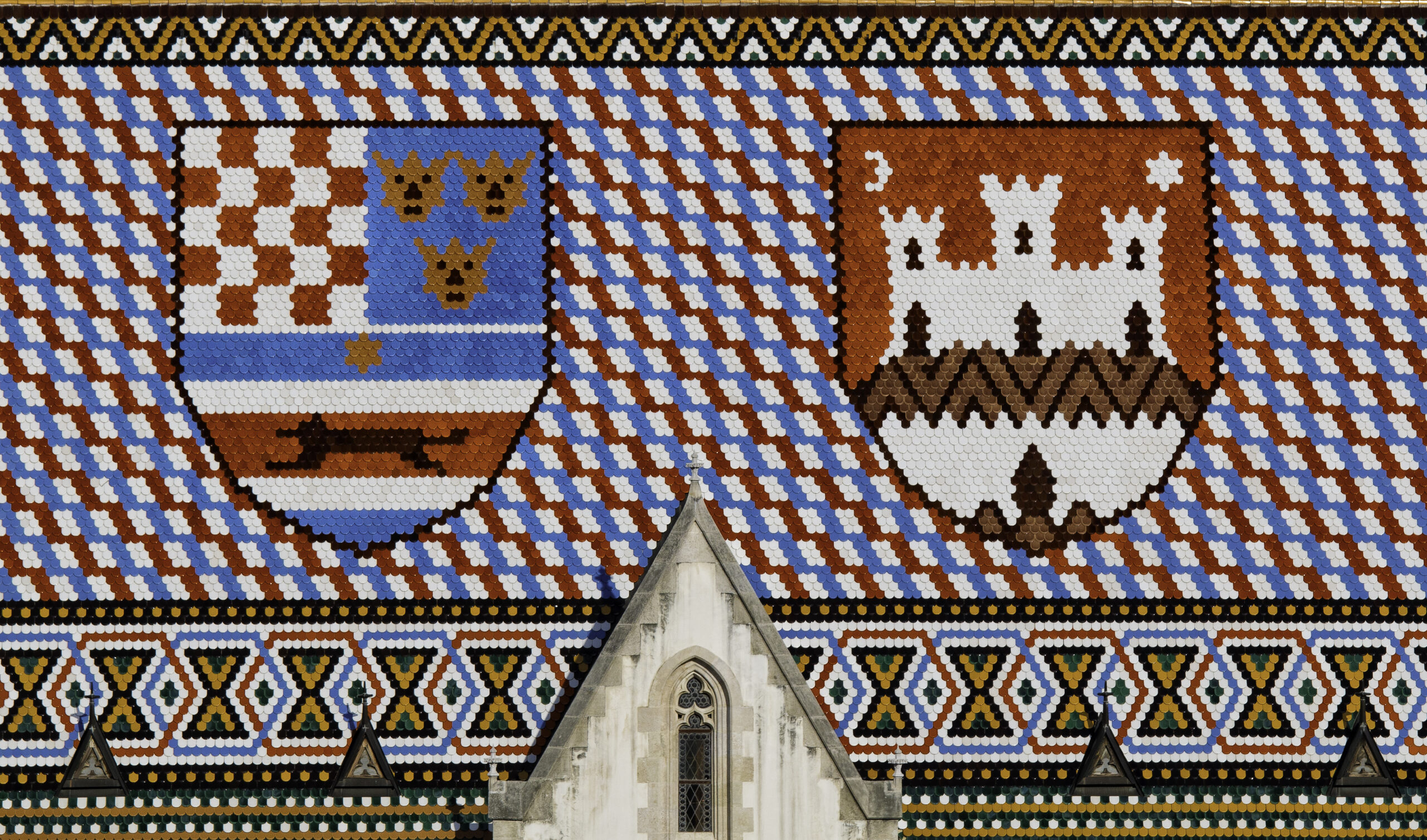 The colourful tiled coat-of-arms roof of St. Marks Church in the Upper Town of Zagreb, Croatia