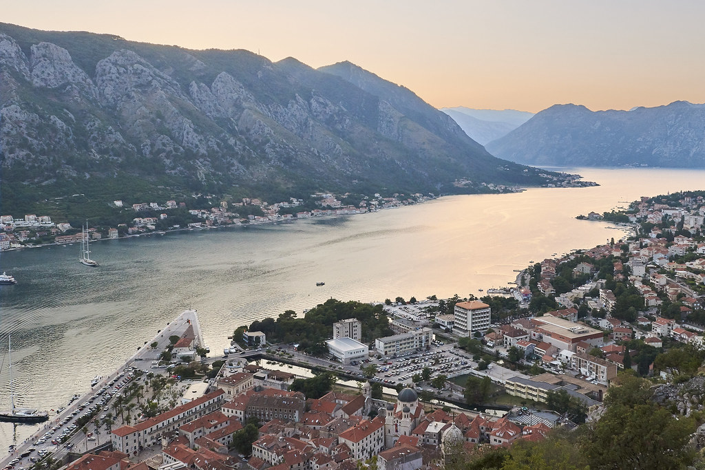 Sunset light over the mountains and water of the Bay of Kotor, Montenegro