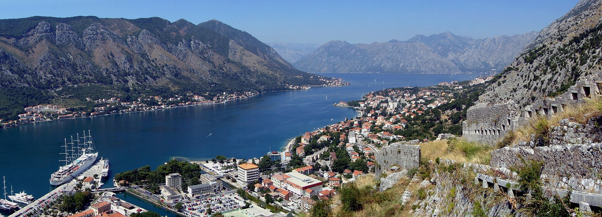 Kotor old town and the Bay of Kotor seen from the fortress walls above