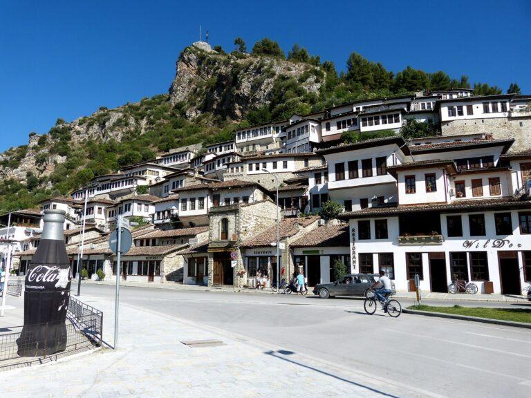 Whitewashed Ottoman houses of the Mangalem quarter climbing the hillside in Berat, Albania