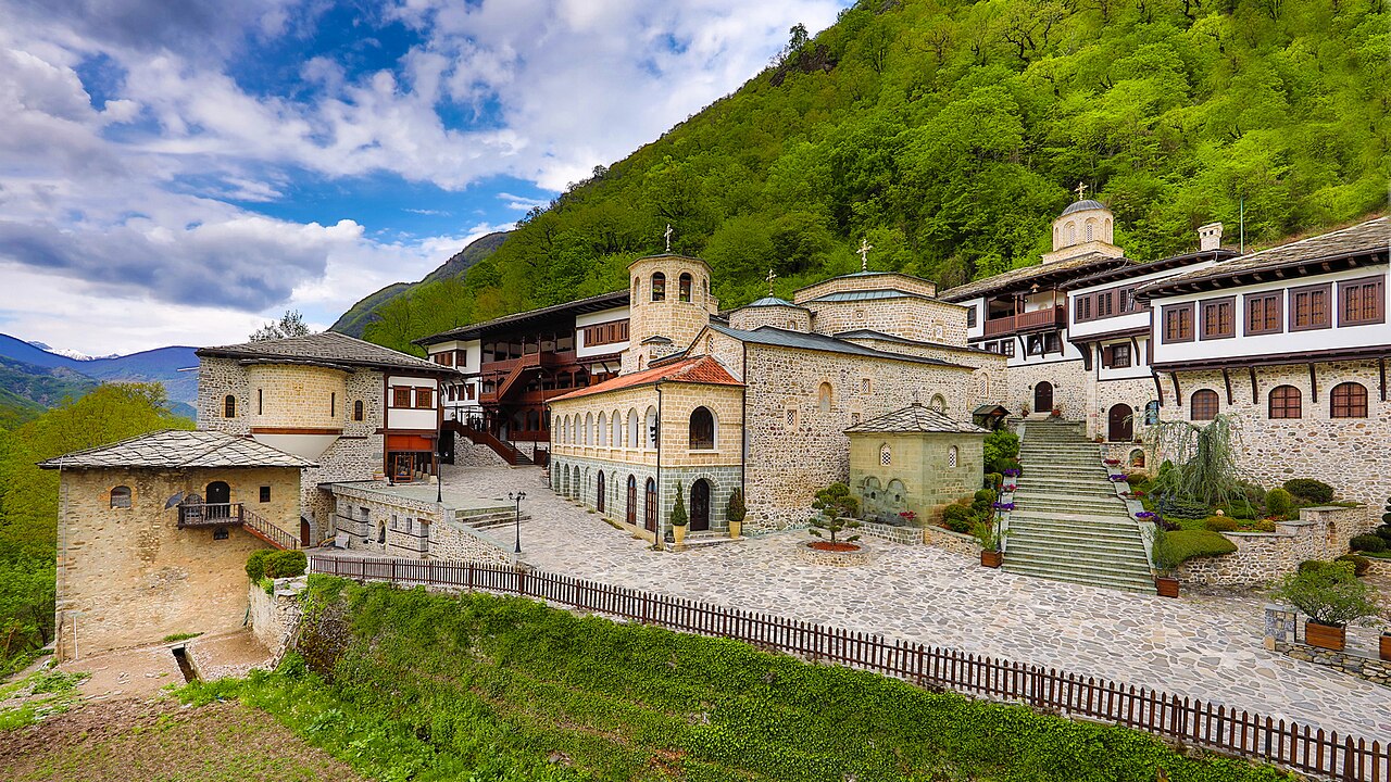 Panoramic view of St. John Bigorski Monastery in the Radika Valley of Mavrovo National Park