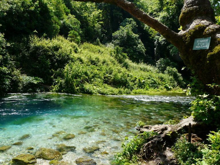 Turquoise water of the Blue Eye spring, Syri i Kalter, surrounded by green forest in southern Albania