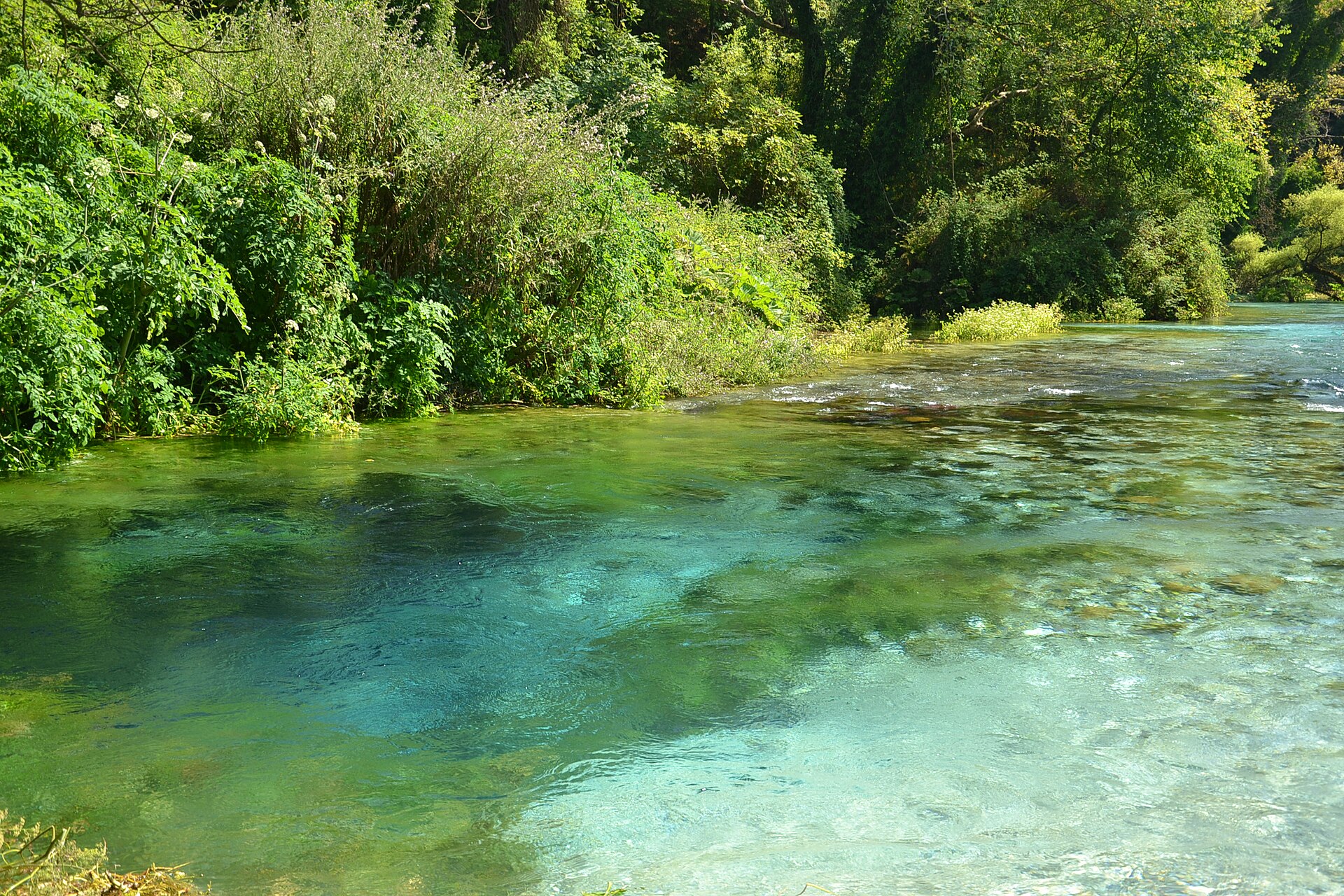 Crystal clear blue water of the Blue Eye spring near Saranda, Albania