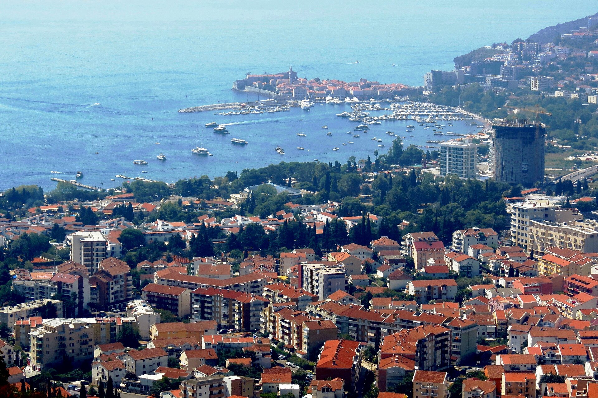 Panoramic view of Budva old town and its beaches on the Montenegrin coast