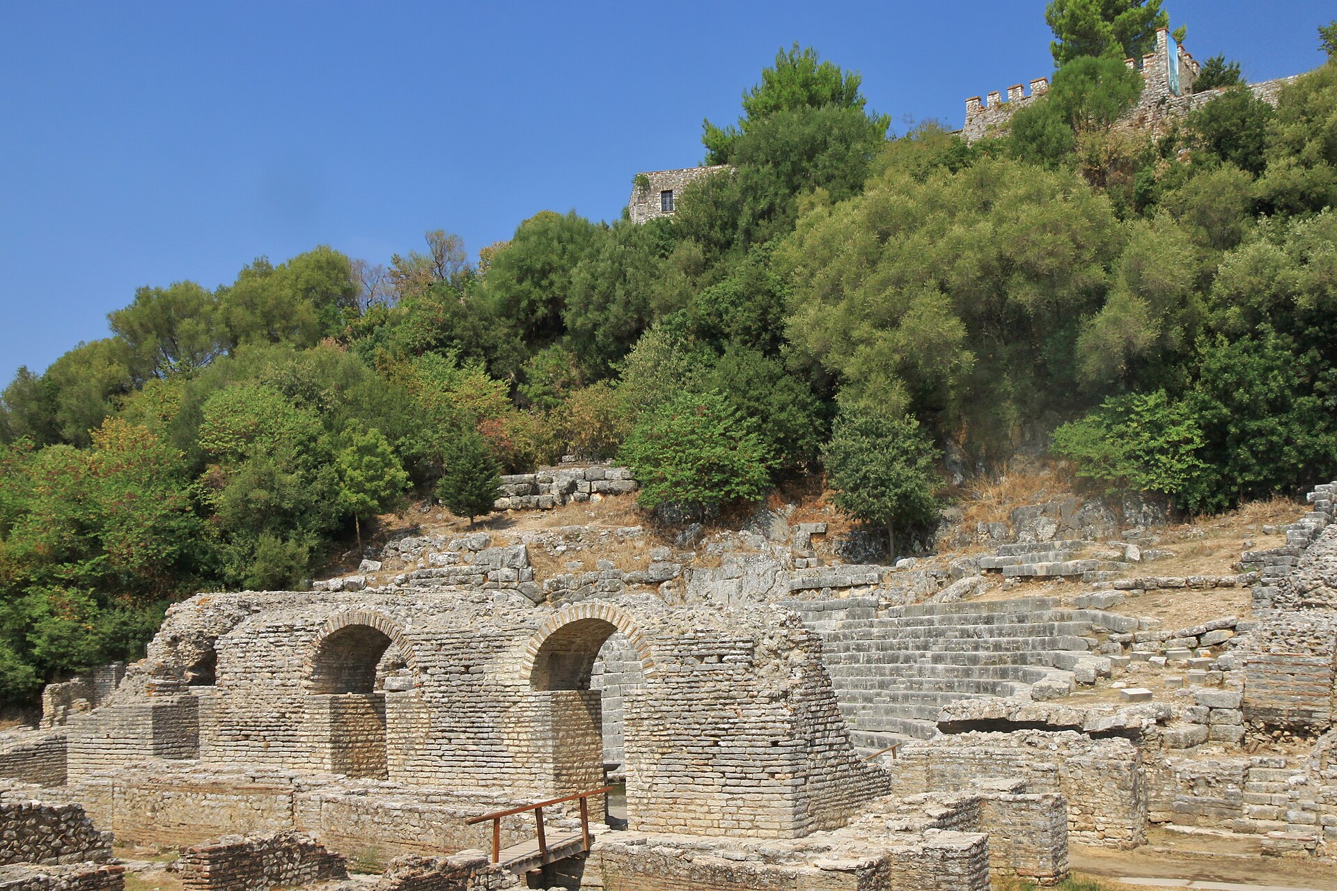 The Greek theatre and Venetian fortress at the Butrint archaeological site in southern Albania
