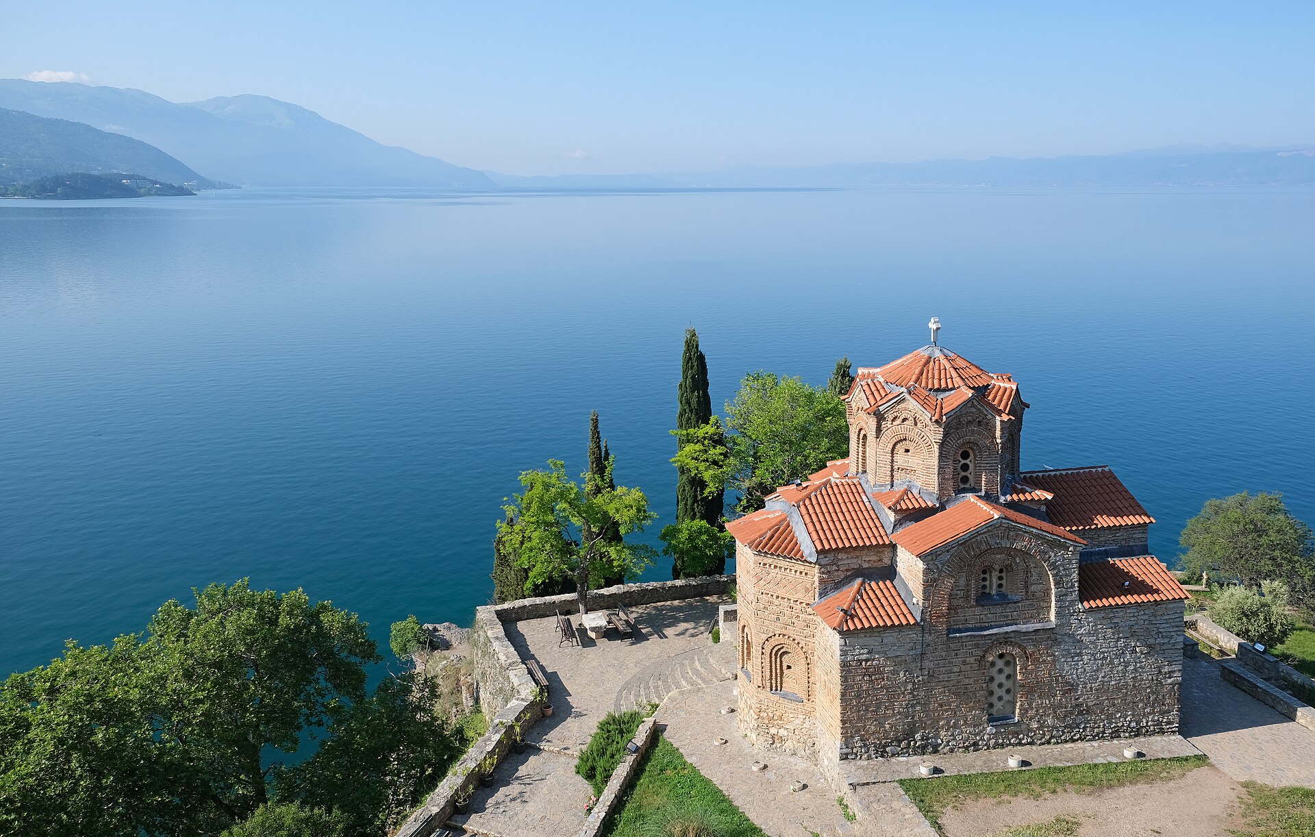 Church of St. John at Kaneo on a cliff above the blue water of Lake Ohrid in North Macedonia