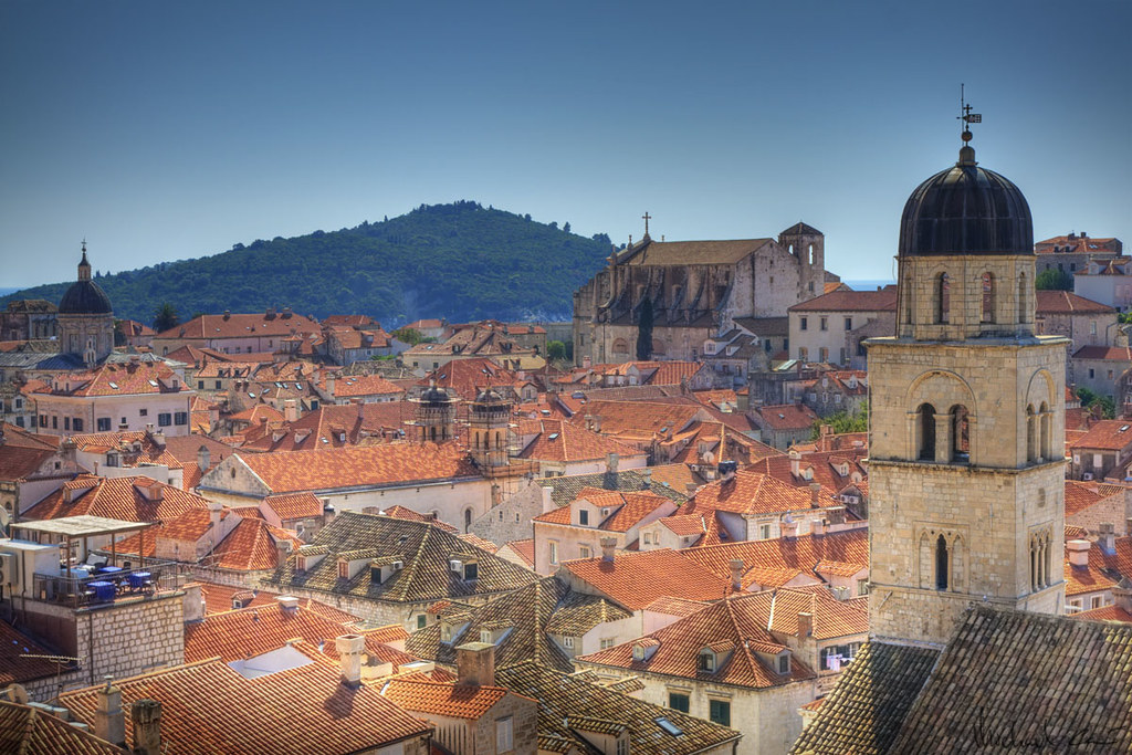 Terracotta rooftops and bell tower of Dubrovnik old town inside the city walls in Croatia