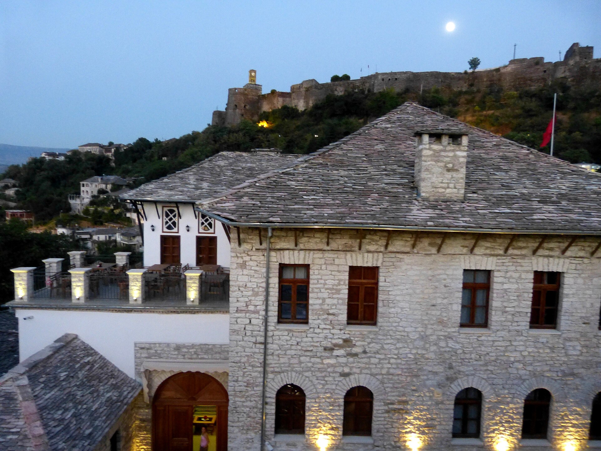 Grey stone roofs and tower houses in the old town of Gjirokaster, Albania