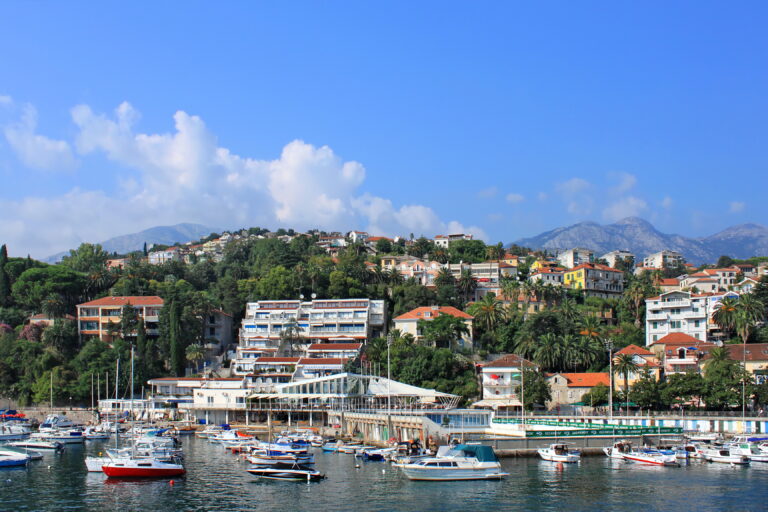 The hillside old town of Herceg Novi rising above its harbour on the Bay of Kotor