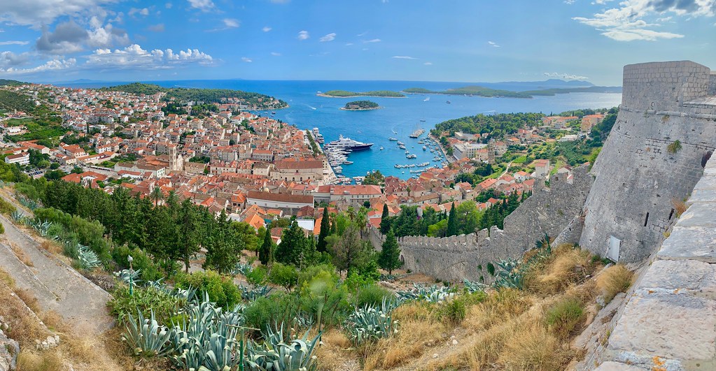View over Hvar town harbor and the Pakleni islands from the Spanish Fortress in Croatia