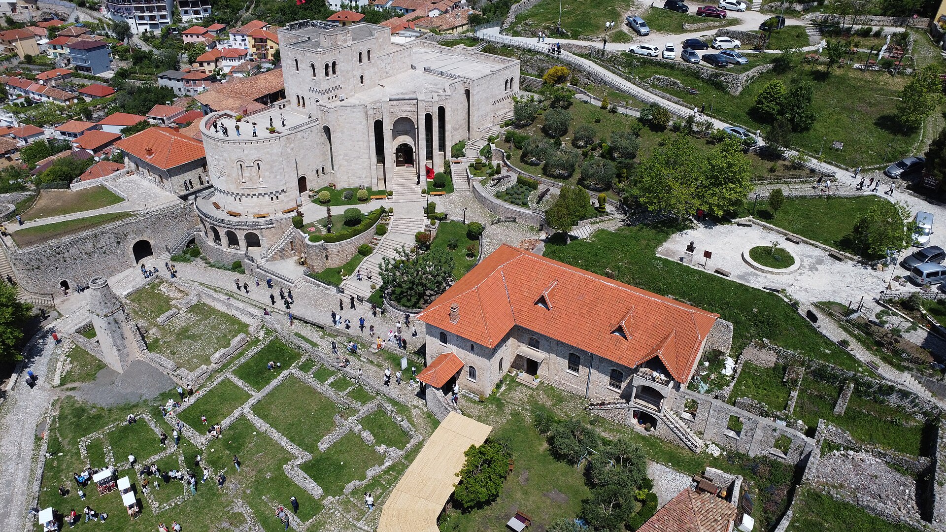 Stone walls and museum of Kruja Castle above the old bazaar north of Tirana